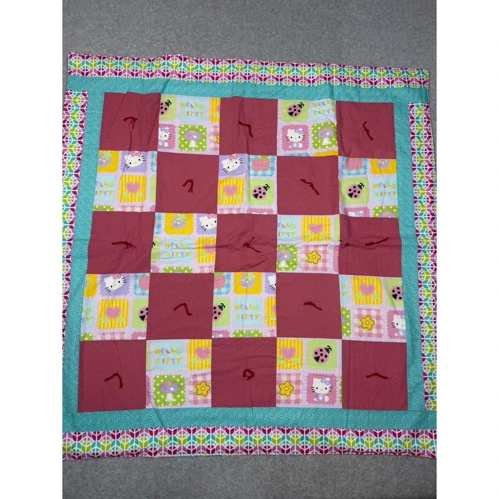Handmade Hello Kitty Patchwork Baby Quilt Reversible Teddy Bear 34x34 Linus